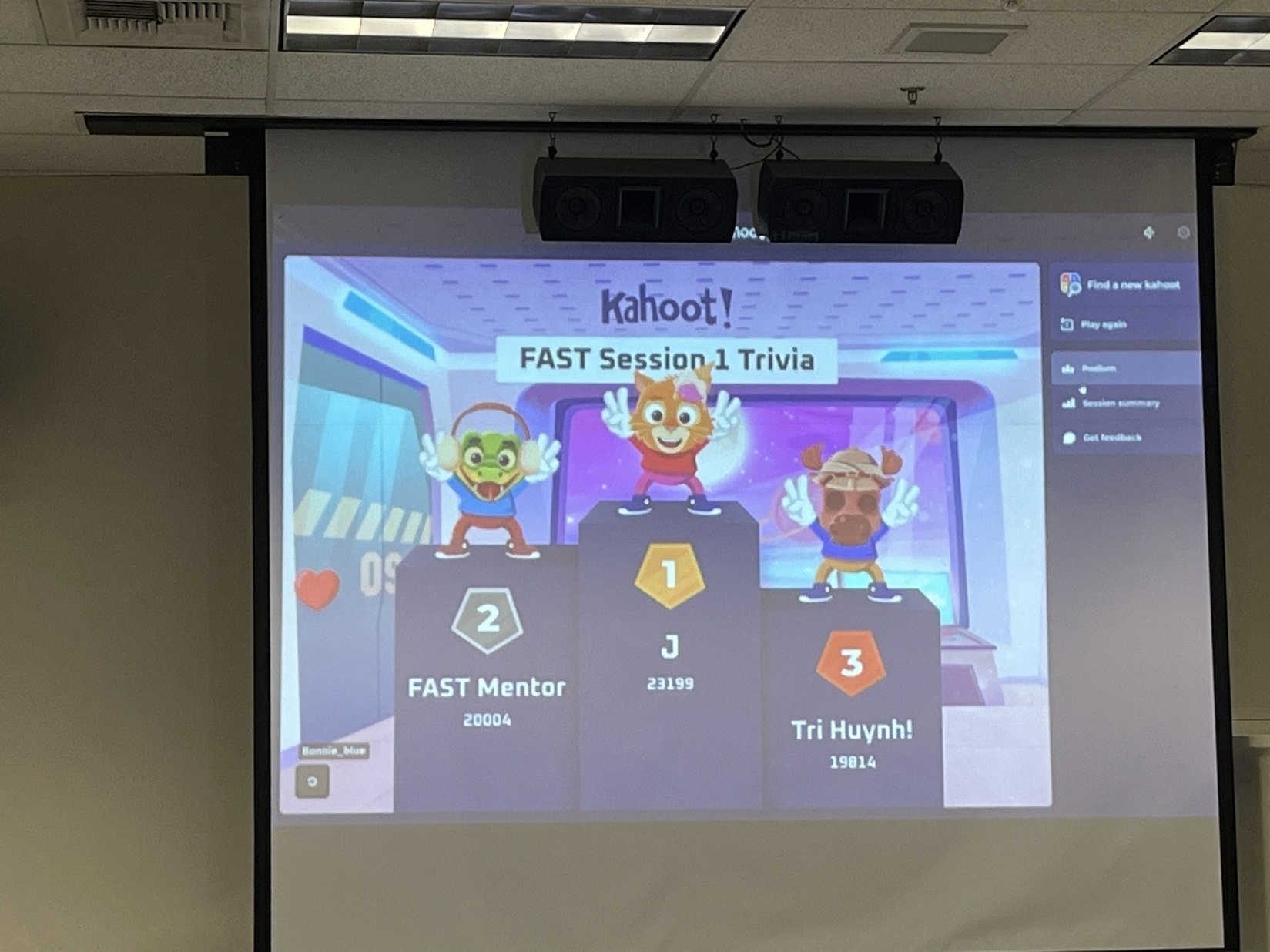 First, second, and third place results of a trivia game. The winner is an orange cat giving a peace sign.
